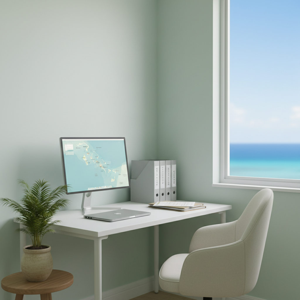 A minimalist yet inviting Bahamian home office corner designed for remote work relocations, captured in realistic photography. A sleek white desk with a matte finish sits against a pale seafoam wall, holding a slim modern monitor displaying a soft-focus map of The Bahamas, a closed silver laptop, and a tidy stack of relocation documents labeled with island names. A small, healthy palm in a textured sand-colored pot adds a touch of greenery. To the side, a large window frames a blurred view of bright blue sky and distant water, allowing diffused midday light to wash the space. Shot from a three-quarter angle with balanced, sharp focus, the mood is calm, efficient, and forward-looking, emphasizing stress-free moves and business setup in The Bahamas.