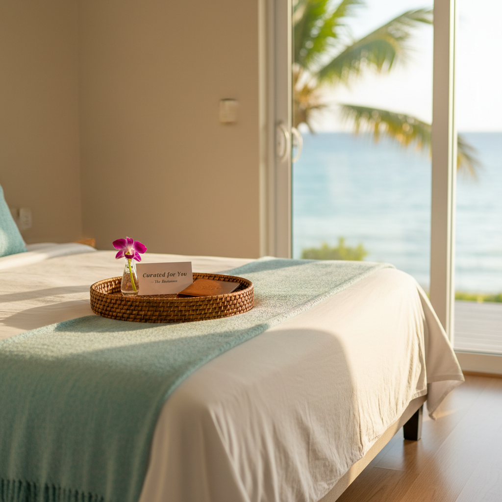 A calm, sunlit interior of a Bahamian short-term rental prepared for arrival, rendered in crisp photographic realism. A neatly made king-sized bed with pristine white linens and a textured light-aqua throw is centered against a pale sand-colored wall. On the bed, a woven tray holds a small glass vase with a single tropical flower, a welcome card labeled “Curated for You – The Bahamas,” and a bound itinerary booklet. To the right, a sliding glass door reveals a blurred hint of turquoise water and palm fronds. Soft morning light pours in, creating gentle highlights on the linens and subtle shadows across the room. Shot at eye level with a slightly shallow depth of field, the scene feels welcoming, organized, and professionally curated, ideal for staycation or vacation services.
