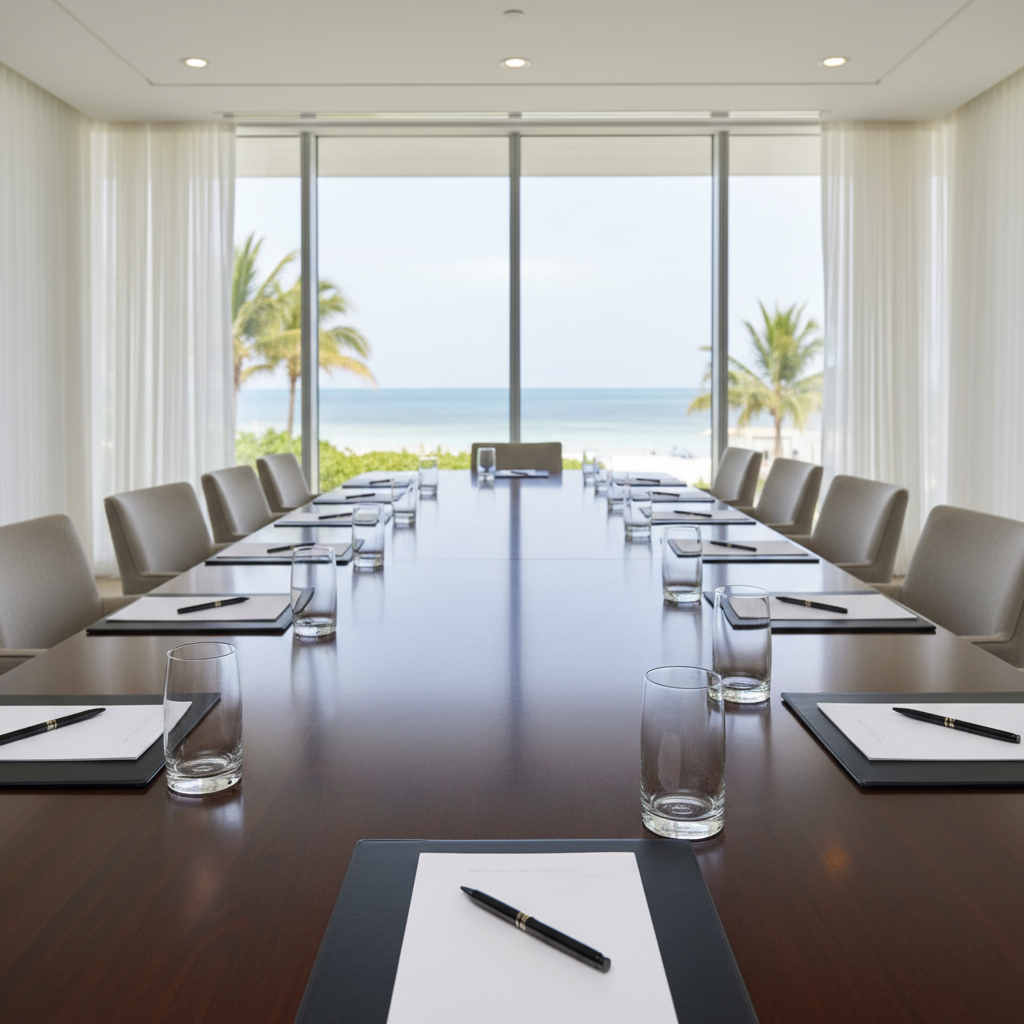 An elegant conference setup in a Bahamian resort boardroom, without any people, in clean photographic realism. A long, polished dark-wood conference table stretches through the frame, each place set with crystal-clear water glasses, neatly stacked white notepads, and fine black pens precisely aligned. At the far end, large floor-to-ceiling windows reveal a softly focused backdrop of palm fronds, turquoise sea, and a hint of white sand. Soft, filtered daylight floods the room, balanced by discreet recessed ceiling lighting, creating a bright yet composed atmosphere. Shot from a low, slightly off-center perspective down the length of the table, the image emphasizes organization, professionalism, and high-end business services in The Bahamas, with a calm, confident corporate travel mood.