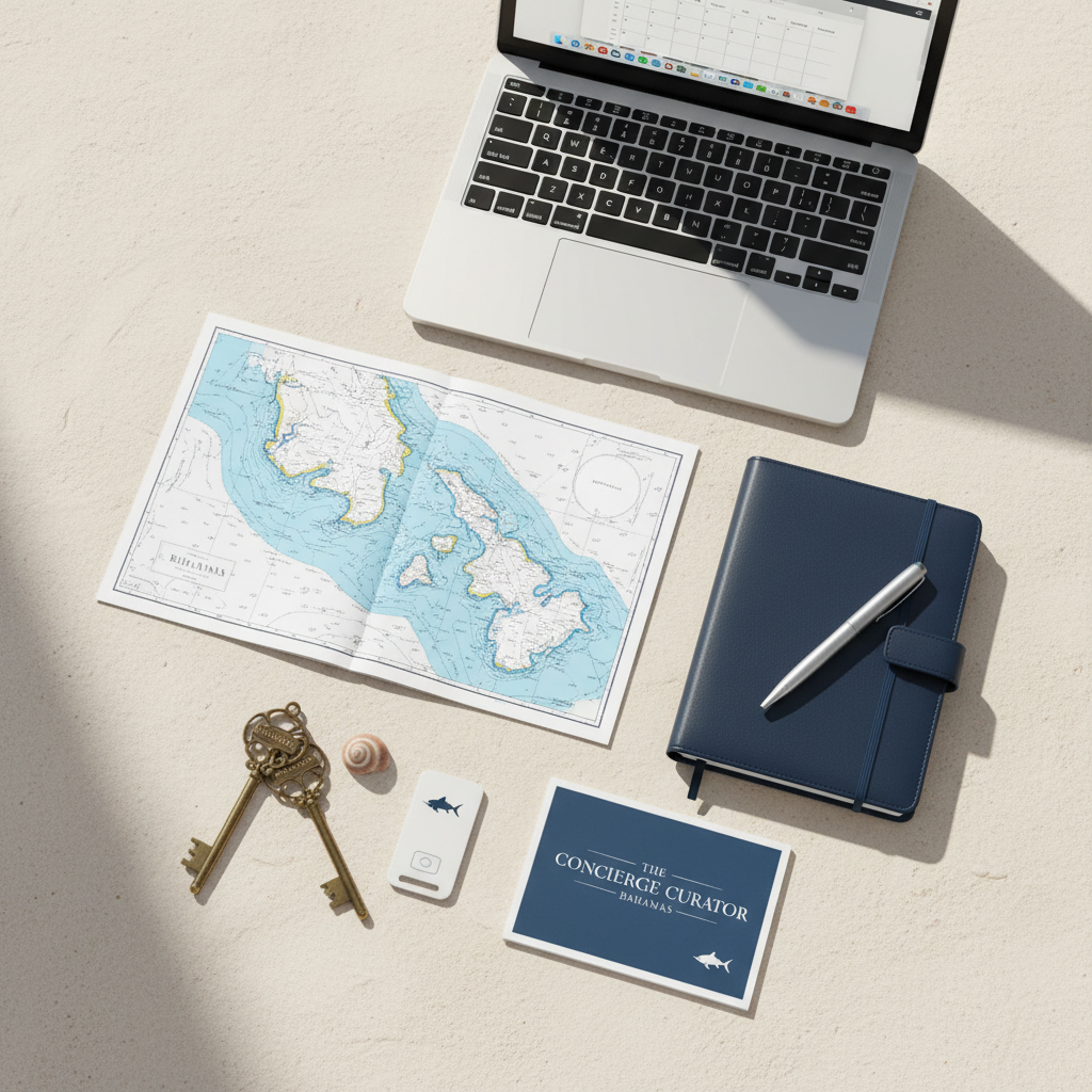 A meticulously arranged flat lay on a smooth, light-sand textured surface featuring a detailed, folded Bahamas nautical chart, a navy-blue leather-bound planner with a silver pen, a slim silver laptop partially open, and a pair of vintage-style brass hotel keys labeled with elegant Bahamian island names. Nearby, a glossy brochure titled “The Concierge Curator – Bahamas” rests beside a small seashell and a room keycard. Soft, indirect daylight from the left creates gentle shadows and refined highlights, maintaining a calm, organized aesthetic. Shot from directly overhead with sharp focus across the frame, the image conveys professional travel planning and business coordination in the Bahamas, with clean, minimalist photographic realism and a sophisticated, trustworthy atmosphere.